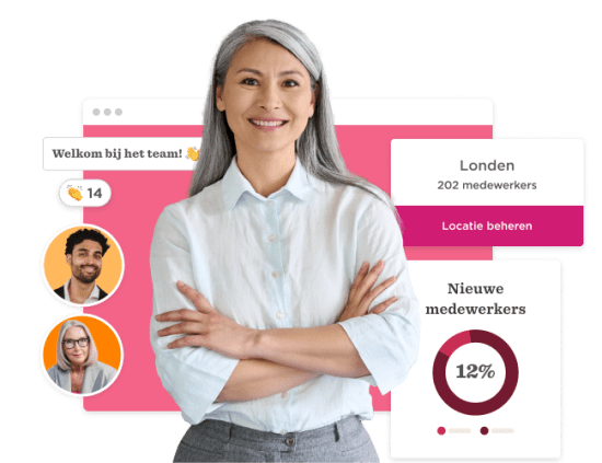 team member with gray hair smiling, digital interface with employee stats, welcoming message, and location details, employee engagement, workplace statistics