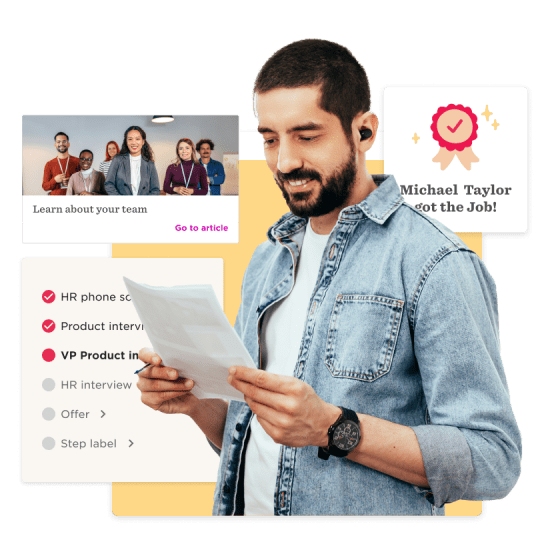 man reading document with HR team highlights and achievement badge, HR process overview with team photo and job success message