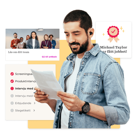 man reading a job offer letter with earbuds, celebrating success in getting the job with team background and checklist elements