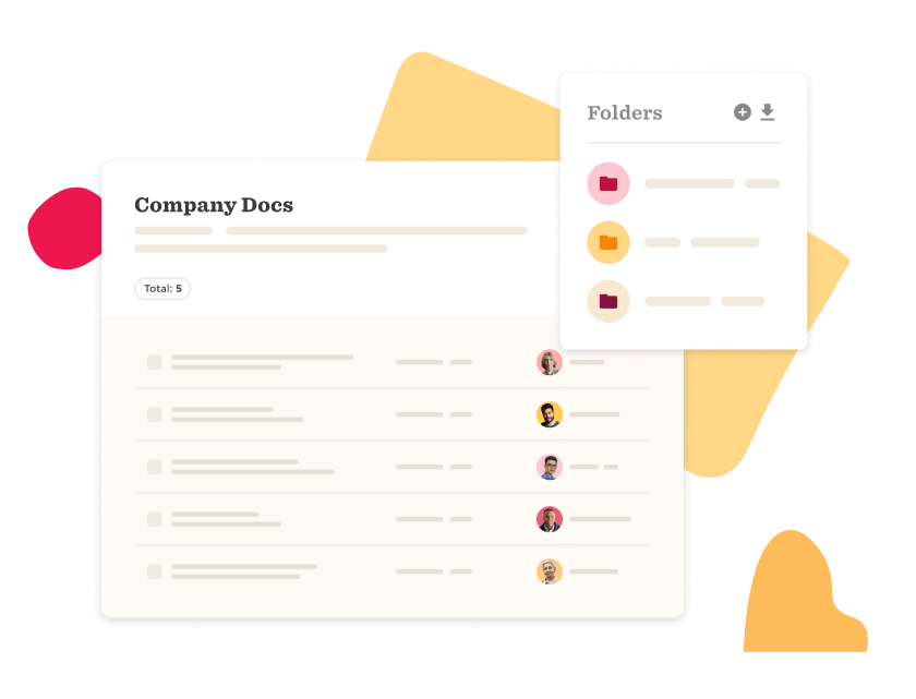 Company Docs interface displays document list with colorful folder icons for organization and easy access., Document management interface, Colorful folder icons for file organization