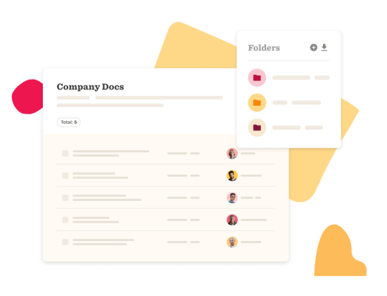 Company Docs interface displays document list with colorful folder icons for organization and easy access., Document management interface, Colorful folder icons for file organization