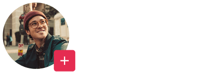 profile image of a smiling person in a beanie with background city elements, user interface for audio interaction with plus symbol