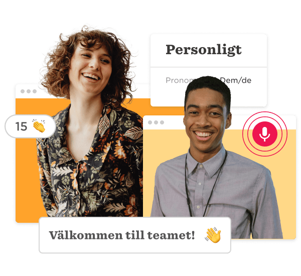 diverse team members smiling with welcoming text, personal pronouns displayed, light-hearted and friendly atmosphere, team introduction graphic with vibrant colors and engagement icons