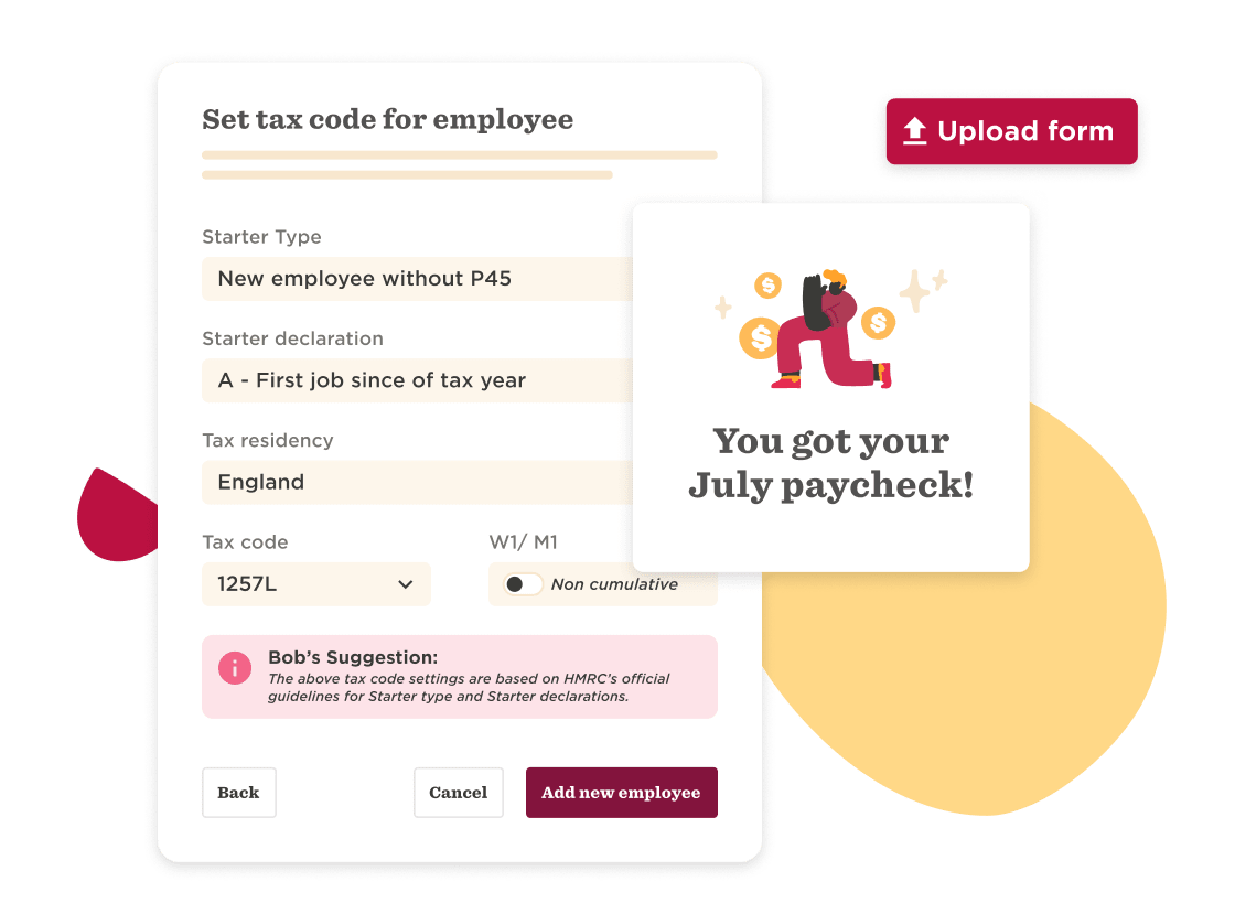 tax code settings for new employees, July paycheck notification with character and payment icons