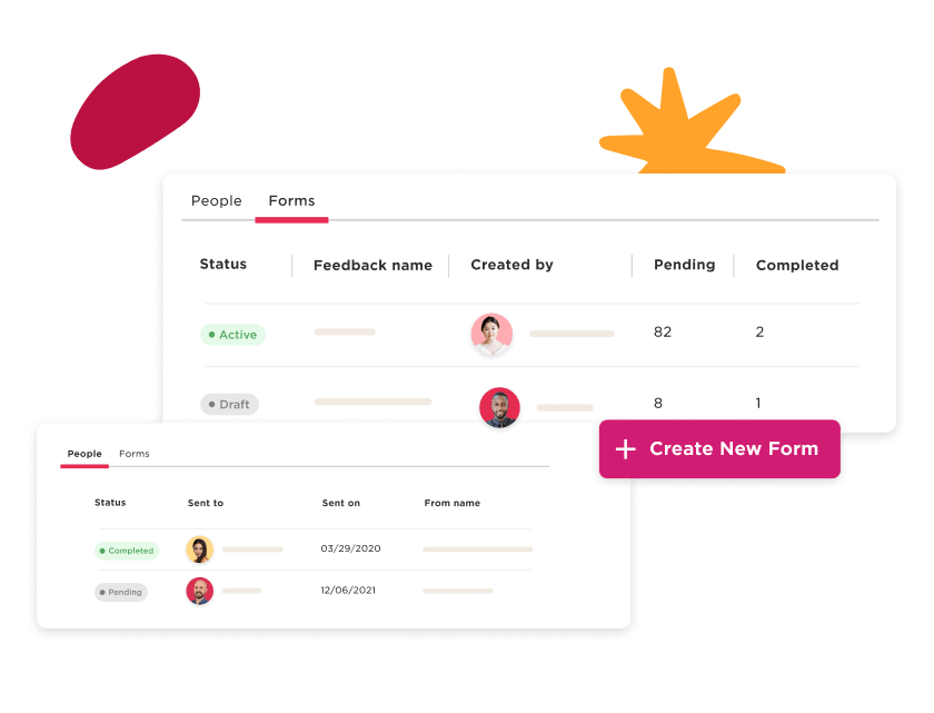 forms interface, status feedback overview with create new form option and graphical elements