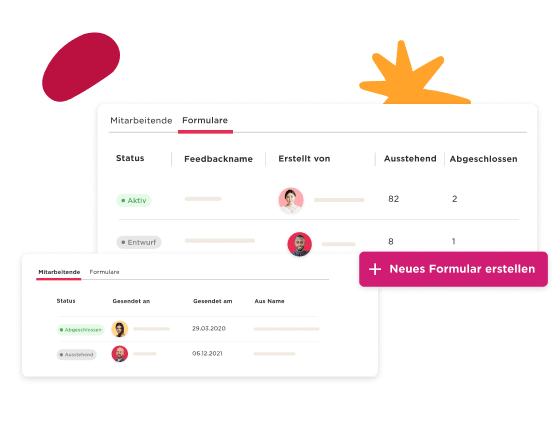 Mitarbeitende Formularübersicht mit Status, Feedbacknamen und erstellt von. Schaltfläche für neues Formular erstellen., Status und Feedbacks für Mitarbeitende.