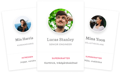 Mia Harris, Lucas Stanley, and Mina Yoon profiles with interests and skills highlighted on cards., team_profiles, skills_and_interests
