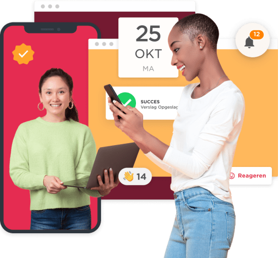 person holding laptop and phone, notification interface with date and success message