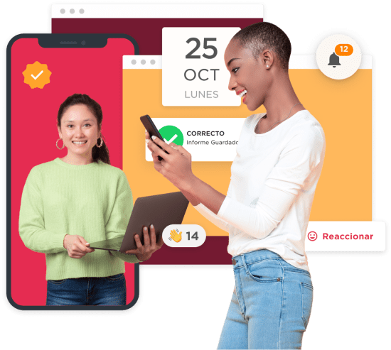 young woman holding a laptop, woman checking phone notifications with colorful backgrounds on a digital interface