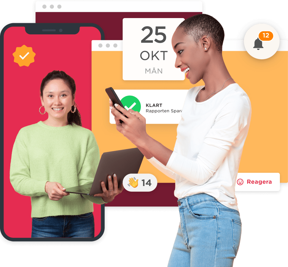 smiling woman with laptop and phone, vibrant interface backdrop displaying notifications and calendar dates, colorful tech communication scene