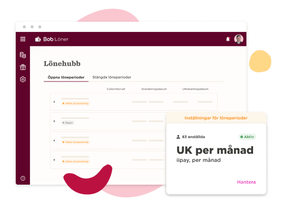 Lönehub interface displaying salary periods and settings, featuring user options and monthly payment details. , Lönehub, salary management