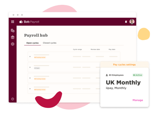 payroll hub interface displaying open cycles, employee count, and pay cycle settings for UK monthly payroll, employee management software dashboard