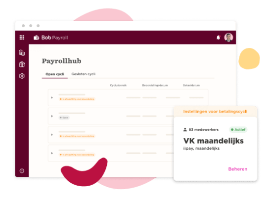 Bob Payroll software interface displaying payroll cycles and user settings for employee management. User-friendly design., payroll, employee management