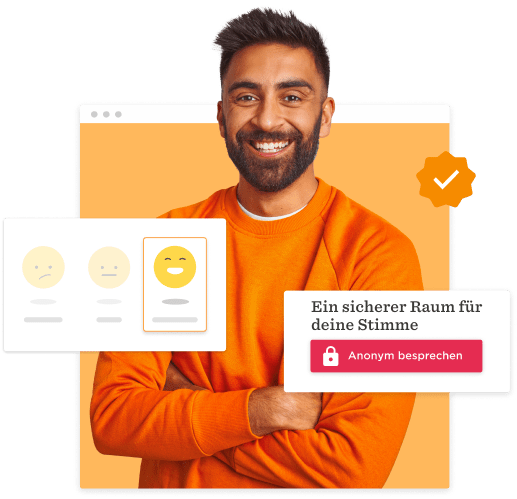 smiling man in orange sweater with feedback icons and message about a safe space for discussion, positive engagement and online support