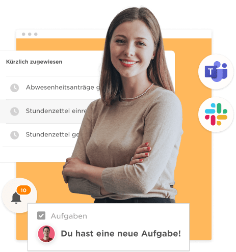 smiling woman with crossed arms, task notifications and messaging icons in a digital workspace background