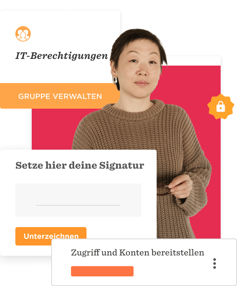 IT permissions interface with a woman, showcasing group management and digital signature features. User-friendly design elements., ITBerechtigungen, DigitalSignature