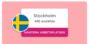 Stockholm icon with employee count and call to action for tailored experiences, Sweden flag icon and workplace management prompt