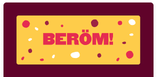 BERÖM! badge with colorful splashes promoting community building and a call to action for more information, community engagement card design