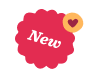 new badge, pink decorative tag with heart symbol
