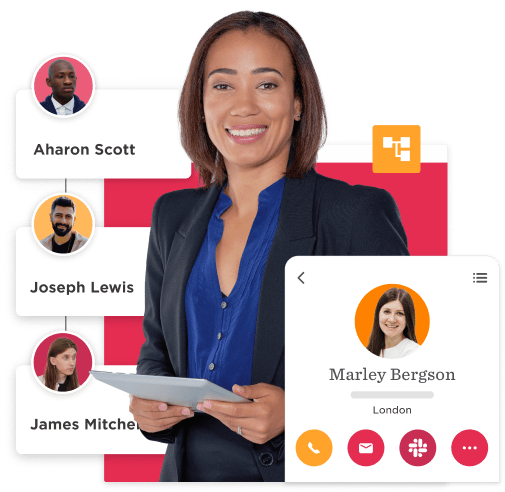 business woman with tablet, team members profiles and contact info displayed