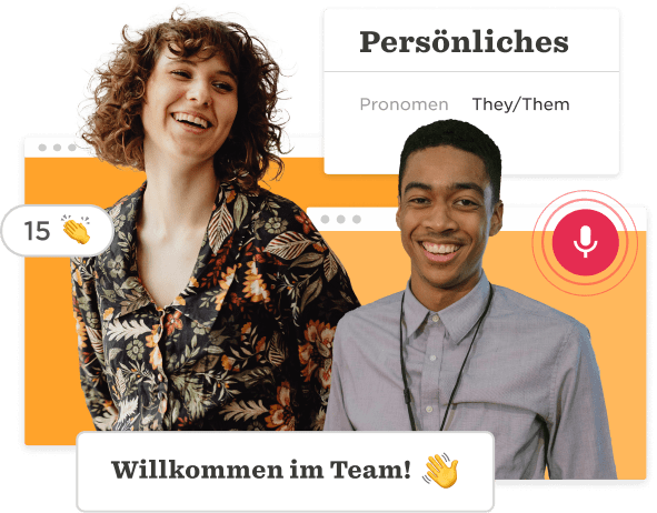 Personen lachen, präsentieren ihre Pronomen 'They/Them'; bunte Hintergrundgrafik, herzliche Willkommensbotschaft. person_laughing, team_welcome