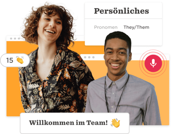 Personen lachen, präsentieren ihre Pronomen 'They/Them'; bunte Hintergrundgrafik, herzliche Willkommensbotschaft. person_laughing, team_welcome