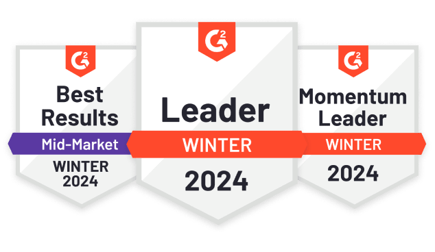G2 Leader badges for Winter 2024: Best Results Mid-Market, Leader, Momentum Leader, G2 badges, Winter 2024 rankings