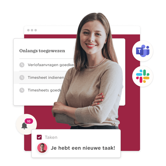 vrouw in sweater met glimlach voor scherm met takenlijst en meldingen waaronder Teams en Slack logo's, professionele omgeving voor taakbeheer