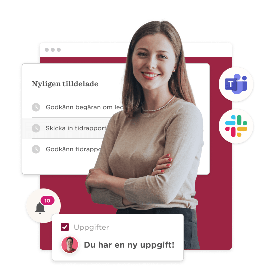 woman smiling with crossed arms, notifications from Teams and Slack, modern workspace setup, smiling woman, digital notifications, office workspace