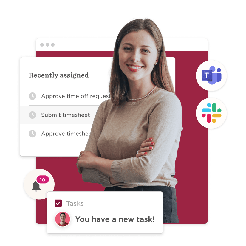 professional woman smiling with task notifications, digital interface showing recent assignments and collaboration apps, recent tasks notifications, professional interface elements, teamwork apps