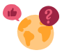 earth globe with like and question icons for global engagement, symbols of positivity and inquiry surrounding the world