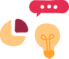 light bulb, pie chart with speech bubble