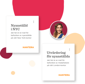 Nyanställd info cards for NYC and London, featuring an employee's profile picture and vibrant color elements, Employee onboarding materials in a modern design