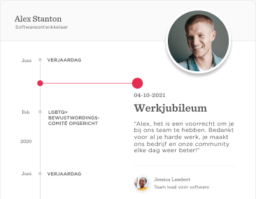 Alex Stanton timeline highlighting birthday, work anniversary, and committee establishment, Smiling portrait of Alex Stanton, software developer