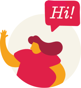cartoon person waving with a speech bubble saying