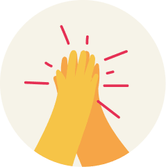 hands high-fiving, colorful graphic of hands celebrating a high-five in a circular design