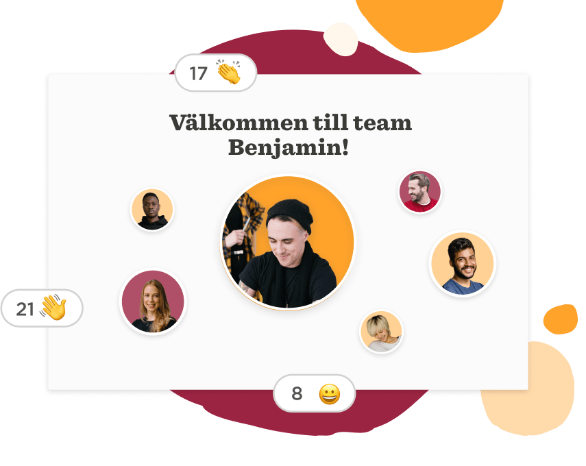 välkommen till teamet, team celebration with diverse individuals and welcoming messages