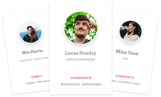 Mia Harris, Lucas Stanley, Mina Yoon profile cards with details like roles, hobbies, and skills in a clean layout., profile cards, team members, roles, hobbies, skills