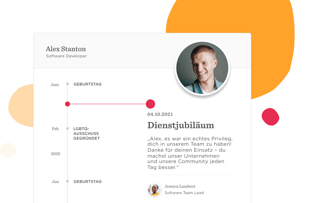 Alex Stanton's profile featuring a timeline of milestones, birthday, and appreciation message from Jessica Lambert, Timeline of achievements and personal milestones for Alex Stanton, Software Developer.