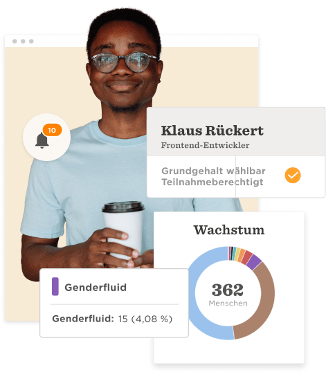 Klaus Rückert, Frontend-Entwickler, zeigt eine Tasse Kaffee. Geschlechtsvielfalt und Wachstumsdaten werden graphisch dargestellt., Frontend-Entwickler, Genderfluid