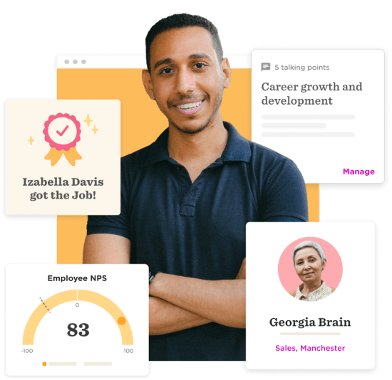 person smiling, career growth achievements and employee engagement metrics