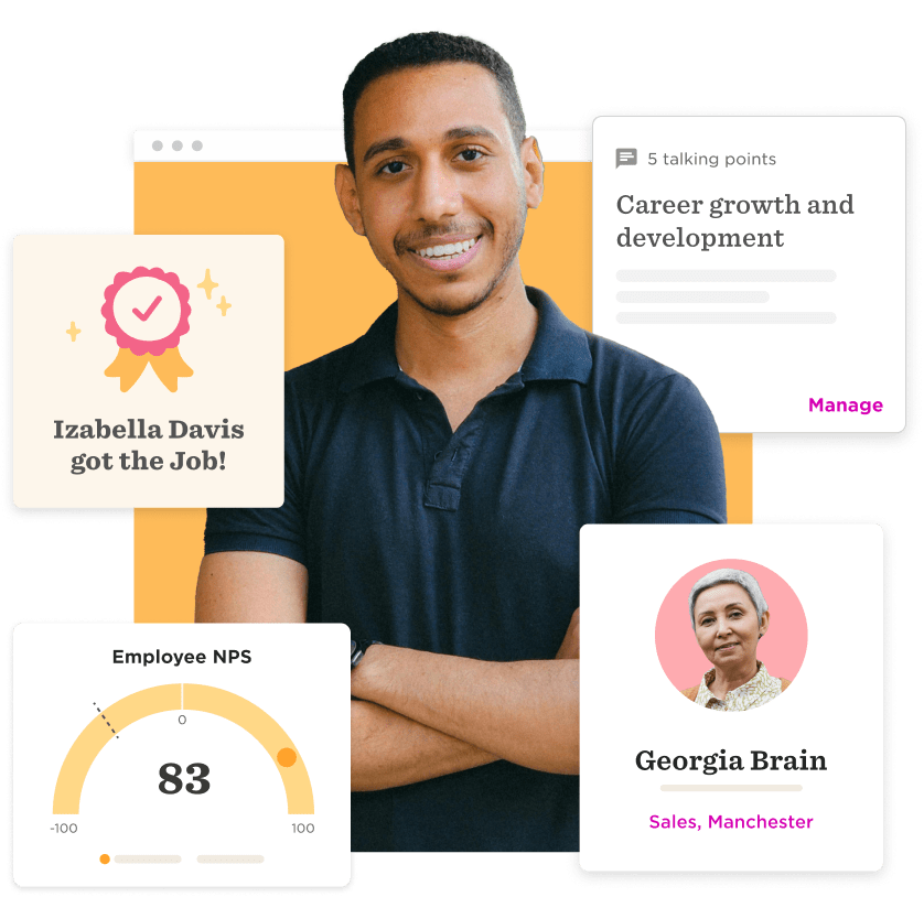 person smiling, career growth achievements and employee engagement metrics