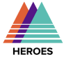 logo design with colorful triangles and bold text 'HEROES', colorful triangle logo representing strength and unity