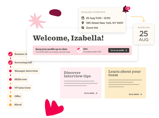 Welcome screen for job interview platform with profile progress, interview schedule, and helpful tips for applicants. welcome, interview-tips