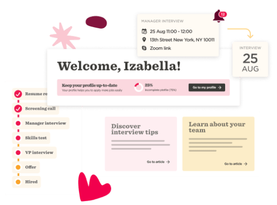 Welcome screen for job interview platform with profile progress, interview schedule, and helpful tips for applicants. welcome, interview-tips