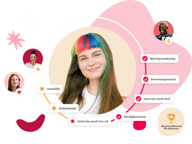 Colorful-haired woman smiles, surrounded by interview process icons and labels, reflecting job recruitment dynamics. , job_recruitment, interview_process