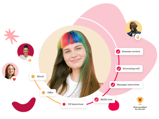 job application process, colorful candidate smiling with steps highlighted