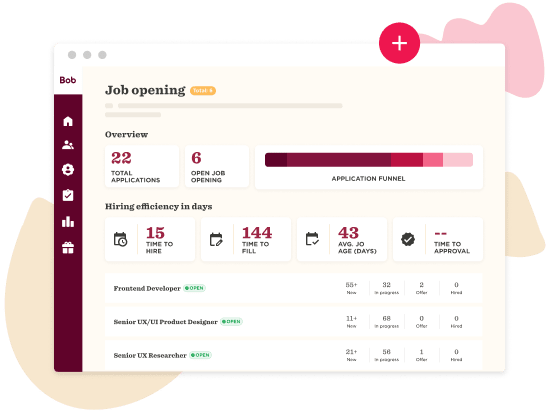 job opening overview displaying applications, hiring efficiency, and time metrics in a user-friendly interface, recruitment dashboard with statistics