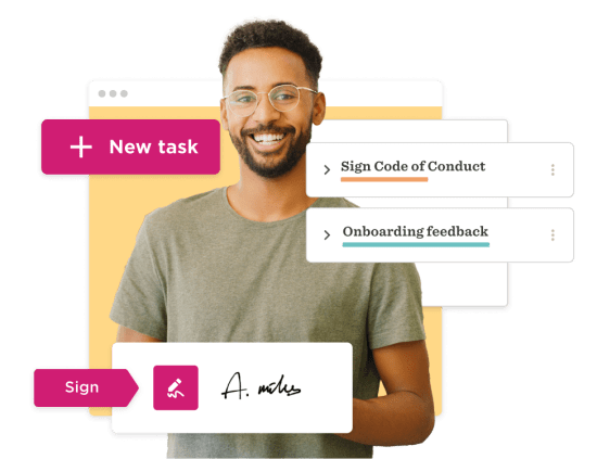 smiling man with glasses holding a digital signature document, tasks for signing including code of conduct and feedback