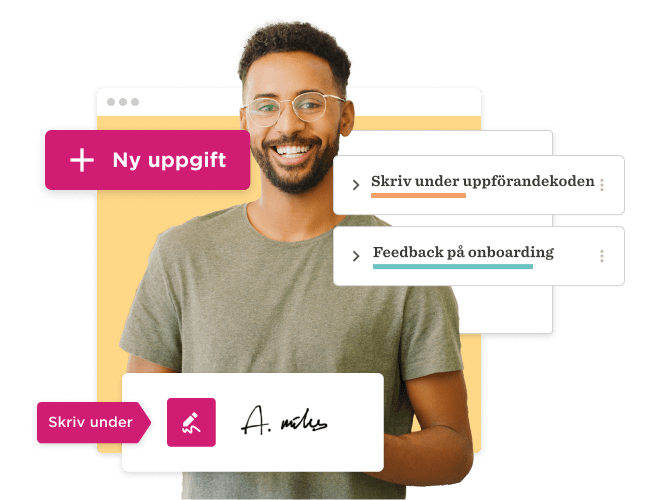 man smiling with glasses holding a digital signature icon, task lists on screen in the background, vibrant color scheme, digital signature task onboarding feedback